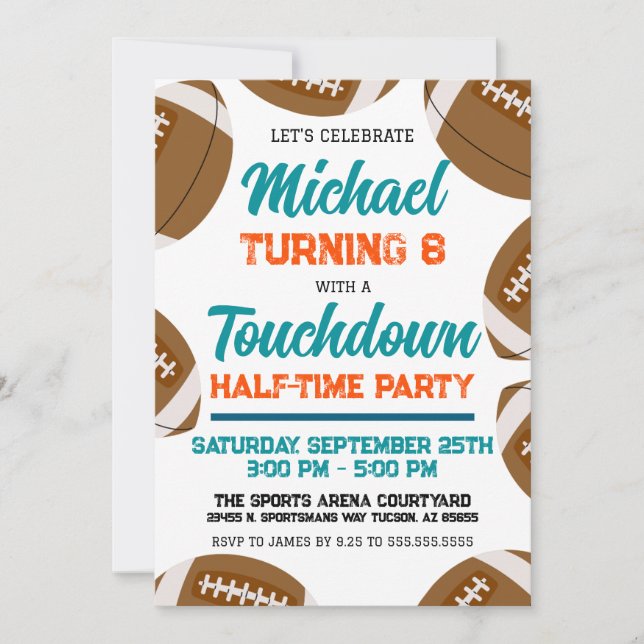 Invitation Light Aqua Orange Football Demi-Anniversaire (Devant)