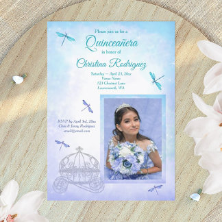 Invitation Light Blue and Turquoise, Carriage Quinceañera 