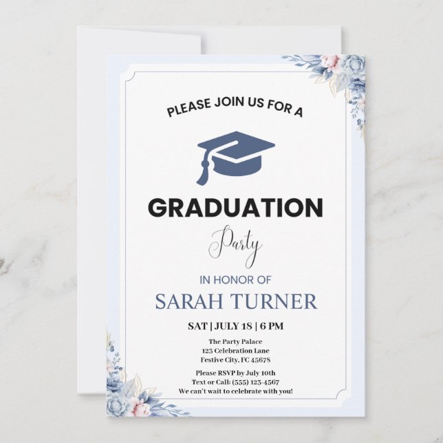 Invitation Light Blue Chic Floral Minimalist Graduation Party (Devant)