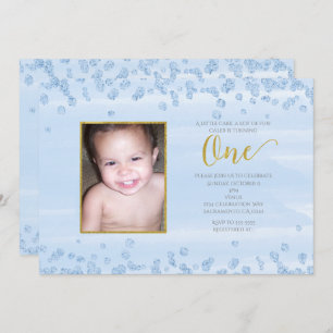 Invitation Light Blue Gold ONE 1er Anniversaire Photo Invitat