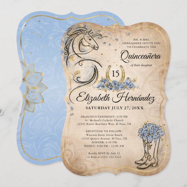 Invitation Light Blue Gold Quinceanera Rustic Horse Birthday (Devant / Derrière)