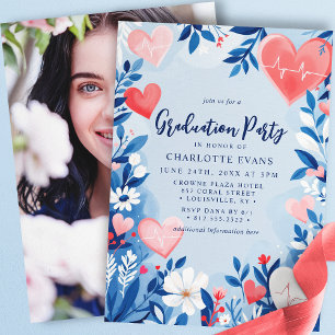 Invitation Light Blue Nurse Heart Floral Graduation Photo