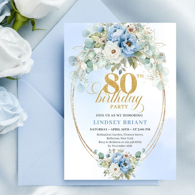Invitation Light Blue Peony Flowers Gold Frame 80th Birthday (Light Blue Peony Flowers Gold Frame 80th Birthday)