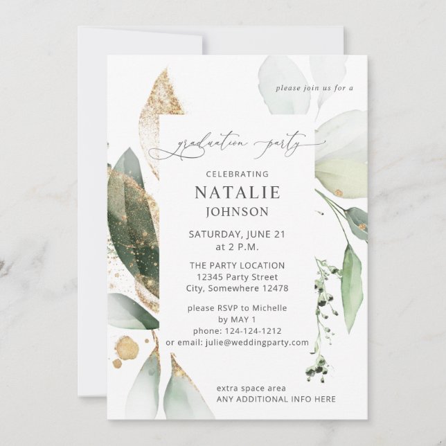 Invitation Light Eucalyptus Glow Gold Graduation Party (Devant)