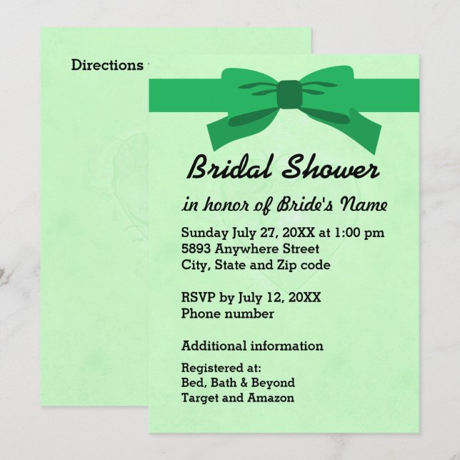 Invitation Light Green with Heart & Green Bow Bridal Shower (Devant / Derrière)