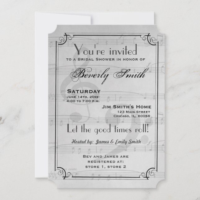 Invitation Light Grey Musical thème nuptiale douche (Devant)