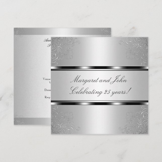 Invitation Light Silver Floral 25th Anniversary Party Event (Devant / Derrière)