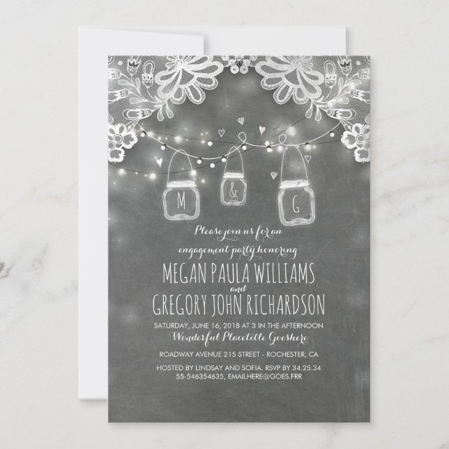 Invitation Lights Mason Jars Lace Russe Engagement Party (Devant)
