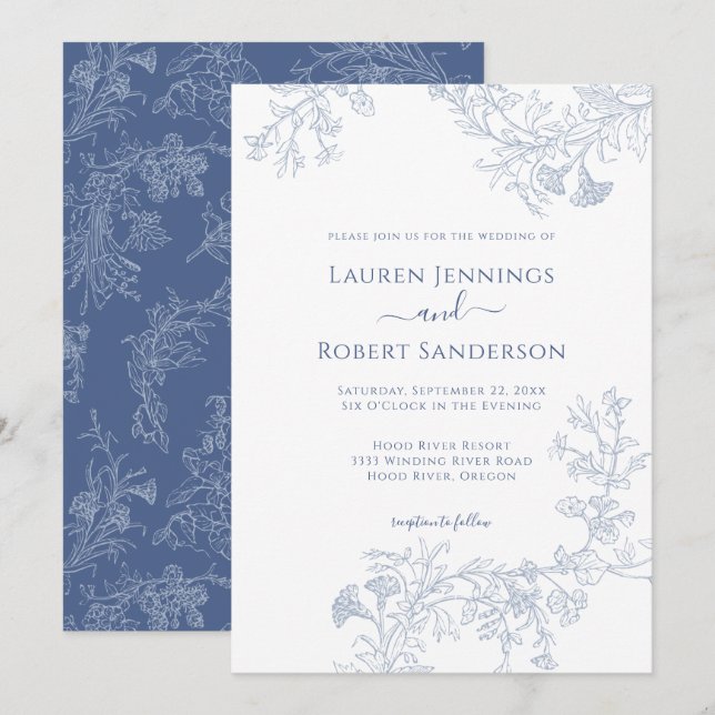 Invitation Ligne Bleue Chic Mariage Floral tiré (Devant / Derrière)