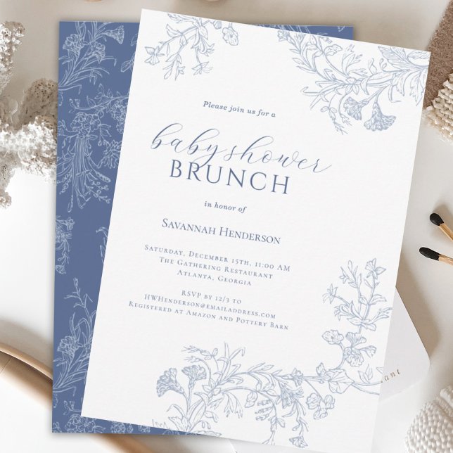 Invitation Ligne Bleue Chic Tirée Floral Baby Douche Brunch (Créateur téléchargé)