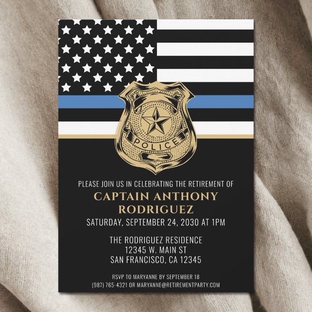 Invitation Ligne Bleue Mince Police Police Retraite (Thin Blue Line Law Enforcement Police Retirement Invitation)