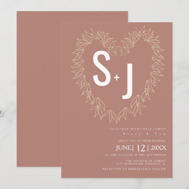 Invitation Ligne botanique Art Wreath Heart Mariage Earth Ton (Devant / Derrière)