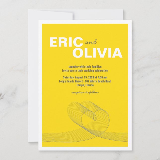 Invitation Ligne d'amour du coeur Loopy moderne Mariage jaune (Devant)