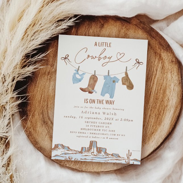 Invitation Ligne de Vestiaire Bleue Ouest Baby shower Petit C (Cowboy Baby Shower Invitations, A little Cowboy Is On The Way Baby Shower Invitation Template)