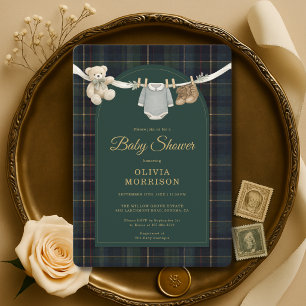 Invitation Ligne de vêtements d'ours en peluche Tartan Vert B