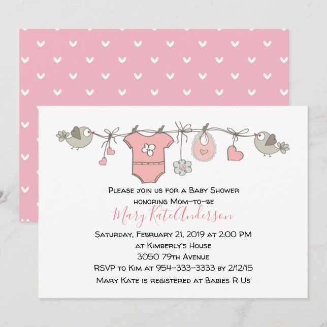 Invitation Ligne de vêtements roses C'est un BABY SHOWER fémi (Devant / Derrière)