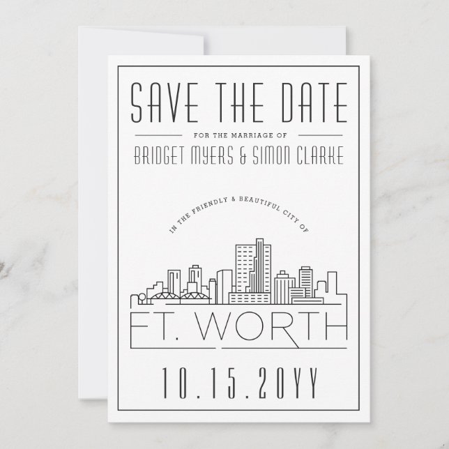 Invitation Ligne d'horizon stylisée de mariage de Fort Worth, (Devant)