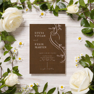 Invitation Ligne Élégante Fleurs Lin Marron Expresso Mariage