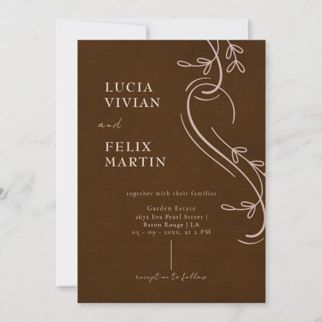 Invitation Ligne élégante Lin Floral Espresso Mariage Brown (Devant)