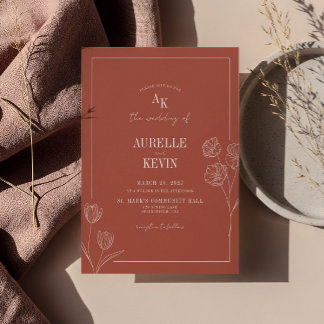 Invitation Ligne Florale Art Rustique Terracota Élégant Maria