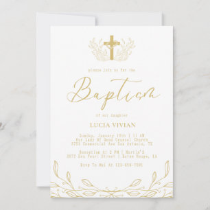 Invitation Ligne Florale Croix d'or Baptême minimaliste