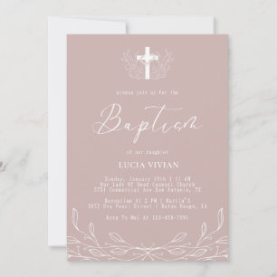 Invitation Ligne florale Croix neutre Baptême minimaliste