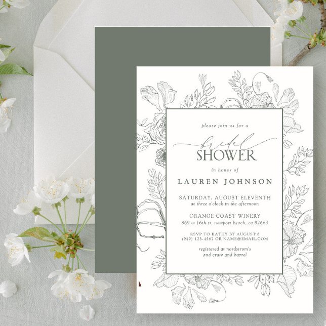 Invitation Ligne Florale moderne Art Sage Fête des mariées ve (Bridal Shower Invitation)