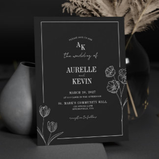 Invitation Ligne Florale Rustique Mariage Élégant Noir