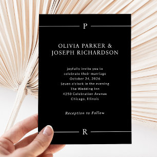 Invitation Lignes modernes et monogramme   Mariage noir foncé