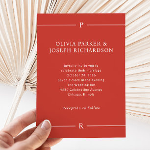 Invitation Lignes modernes et monogramme Mariage rouge pavo