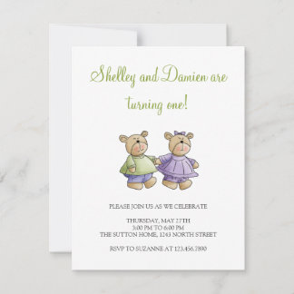 Invitation Lil' Bears ・ Baby Twins Green & Purple