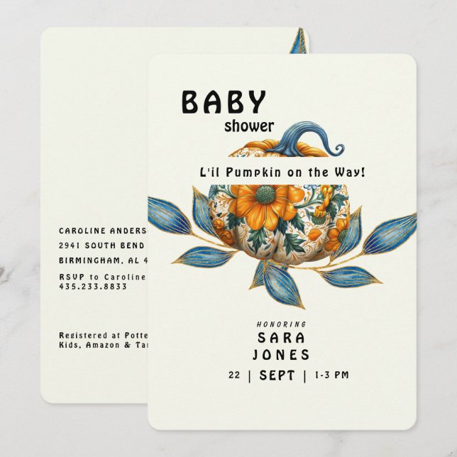Invitation L'il Citrouille sur le chemin Baby shower coloré (Devant / Derrière)