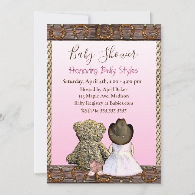 Invitation Lil' Cowgirl et Teddy Bear | Baby shower rose (Devant)