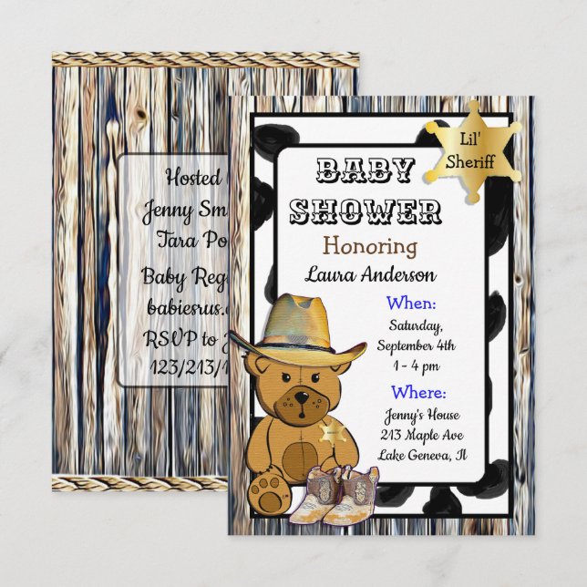 Invitation Lil' Sheriff Teddy Bear Baby shower Cowboy (Devant / Derrière)