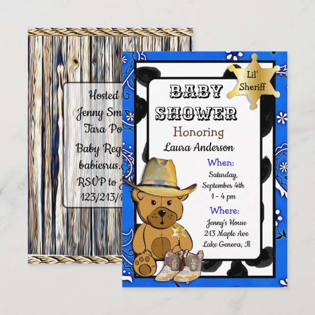 Invitation Lil' Sheriff Teddy Bear Baby shower Cowboy (Devant / Derrière)