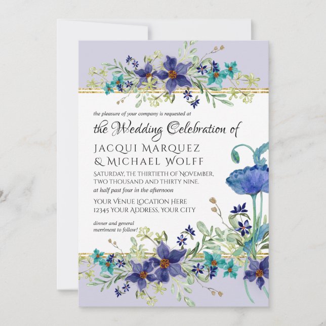 Invitation Lilac Aqua Blue Aquarelle Poppy Floral Mariage (Devant)