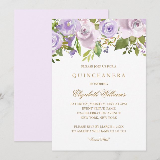 Invitation Lilac Aquarelle violette Floral Quinceanera Invita (Devant / Derrière)