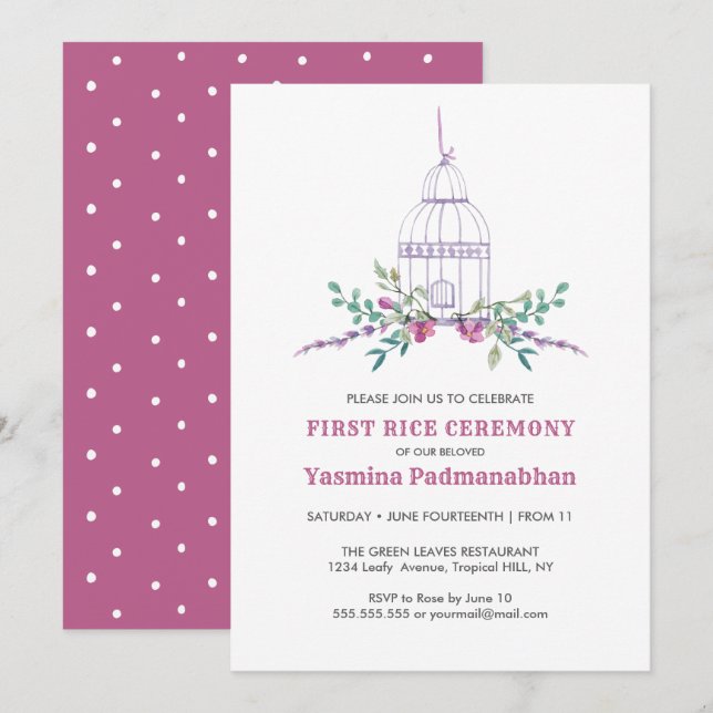 Invitation Lilac Bird Cage First Rice Annaprashan (Devant / Derrière)