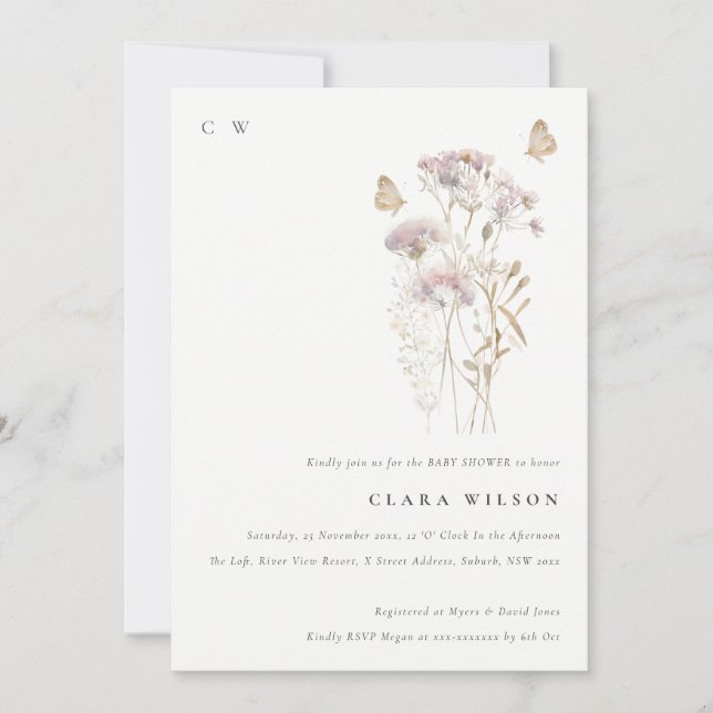 Invitation Lilac Boho Fleur sauvage Fern Foliage Baby shower (Devant)