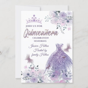 Invitation Lilac Butterfly jardin fleuri tiara Quinceañera