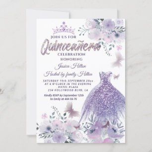 Invitation Lilac Butterfly jardin fleuri tiara Quinceañera