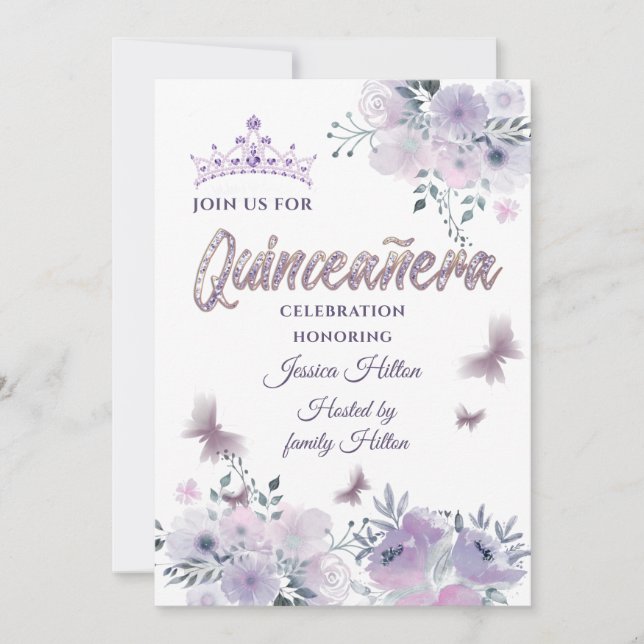 Invitation Lilac Butterfly jardin fleuri tiara Quinceañera In (Devant)