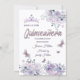 Invitation Lilac Butterfly jardin fleuri tiara Quinceañera In