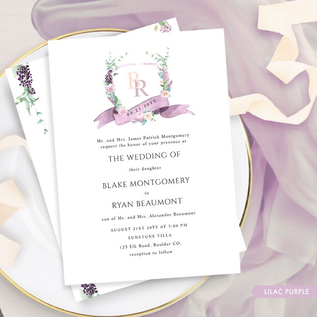 Invitation Lilac Chic Formel, Violet, Mariage Pastel Monogram (Créateur téléchargé)