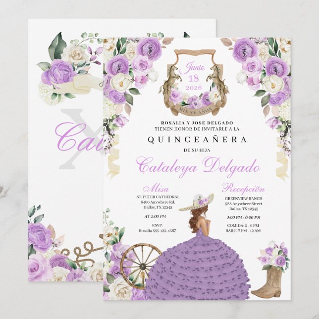 Invitation Lilac Cowgirl Western Princesse Quinceañera (Devant / Derrière)