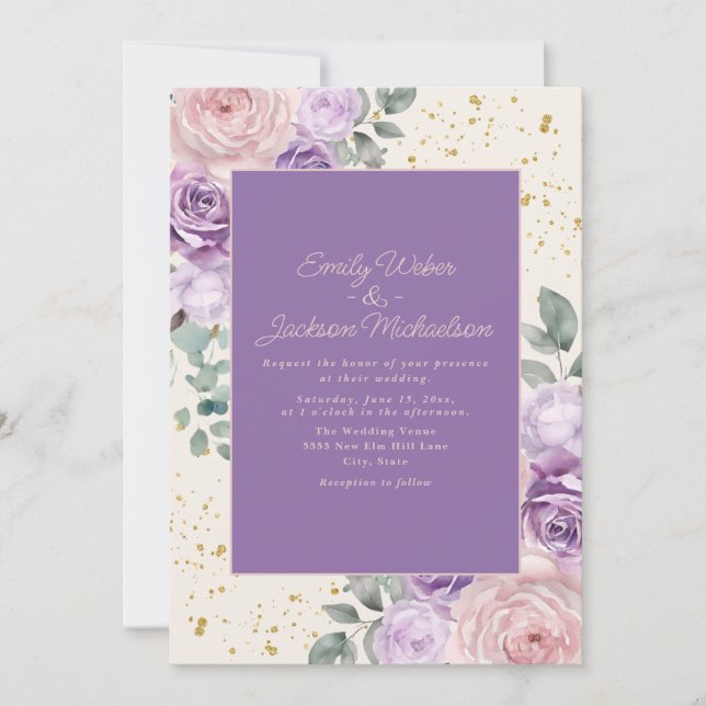 Invitation Lilac Crème rose Floral Parties scintillant or Mar (Devant)