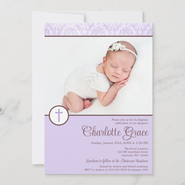 Invitation Lilac Damask Cross Girl Photo Baptême Christening (Devant)