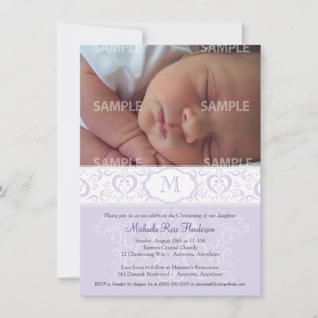 Invitation Lilac Damask Monogramme Baptême/Christening (Devant)
