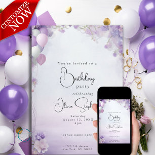 Invitation Lilac Dreams Floral Balloons QR Anniversaire