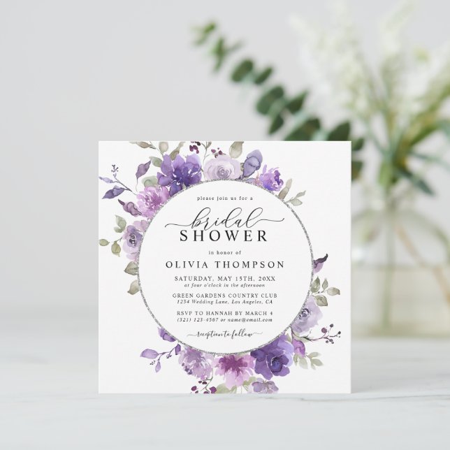 Invitation Lilac DustyPurple Floral Fête des mariées à huile  (Debout devant)